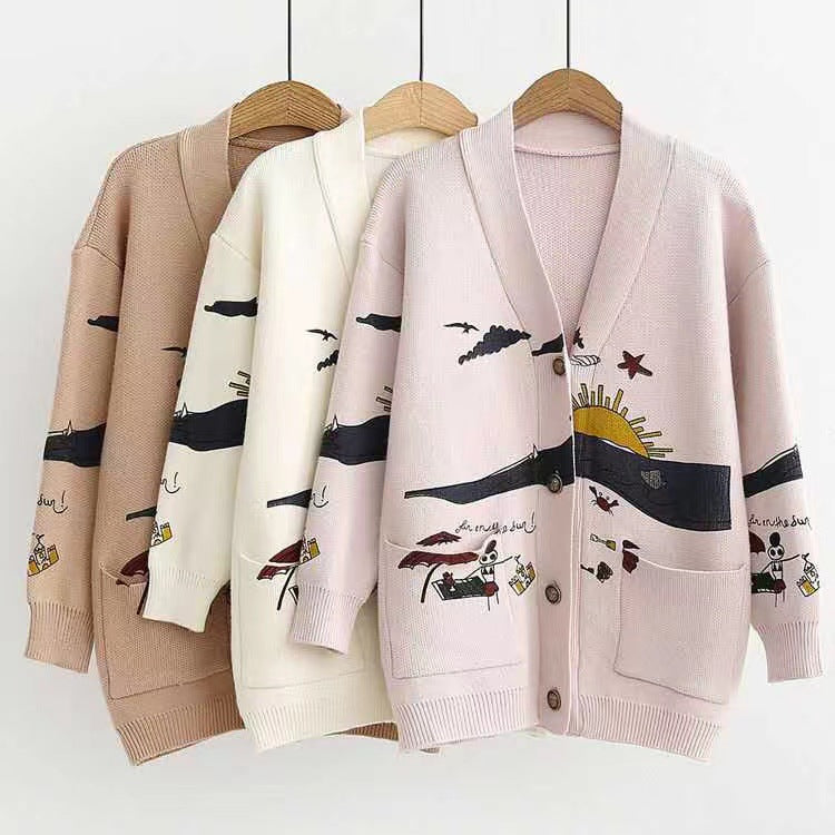 Women playful cardigan with colorful appliqués and large pockets Lune London