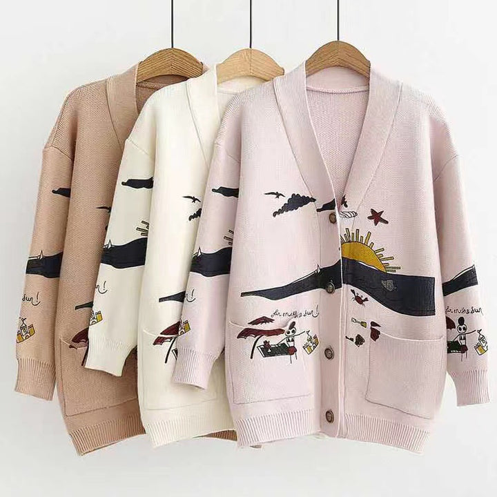Women playful cardigan with colorful appliqués and large pockets Lune London
