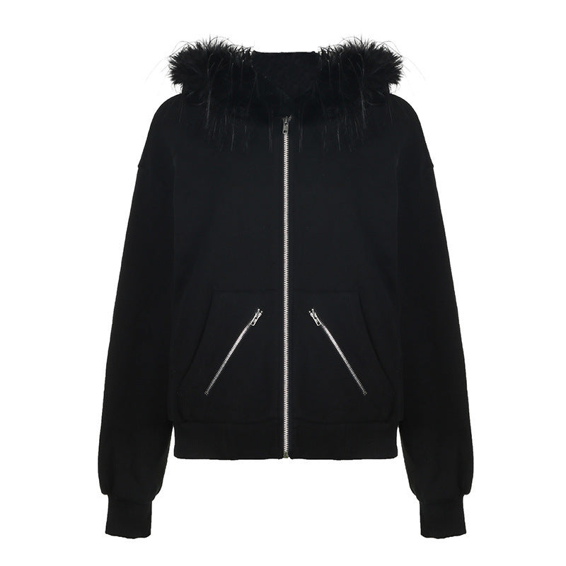 Warm sweatshirt jacket for women with removable faux fur collar Lune London