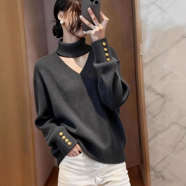 Pull en cachemire de luxe pour femmes avec col roulé et détails de boutons Chic & Stil