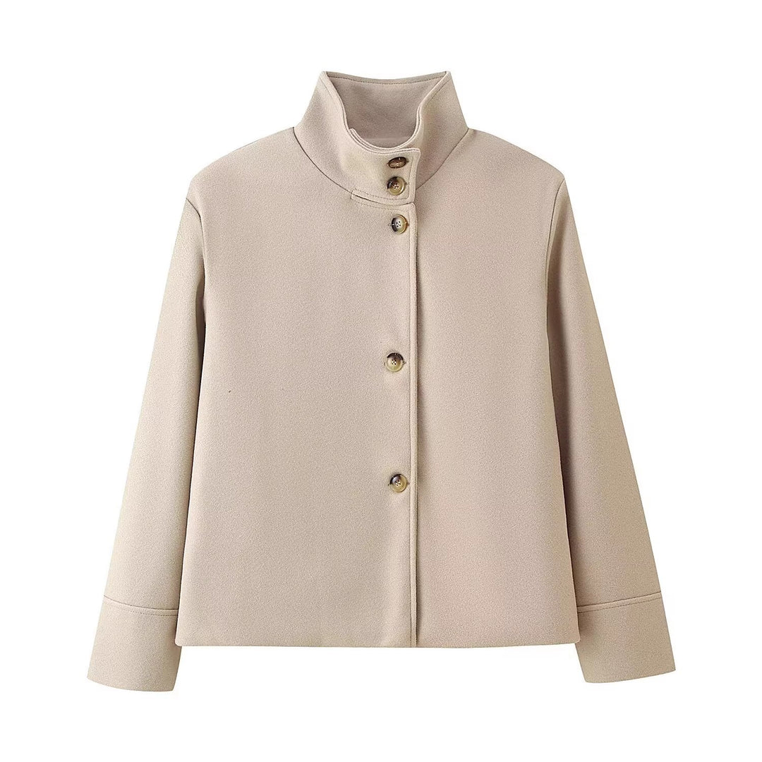 Trendy women's jacket with stand-up collar and button details Lune London