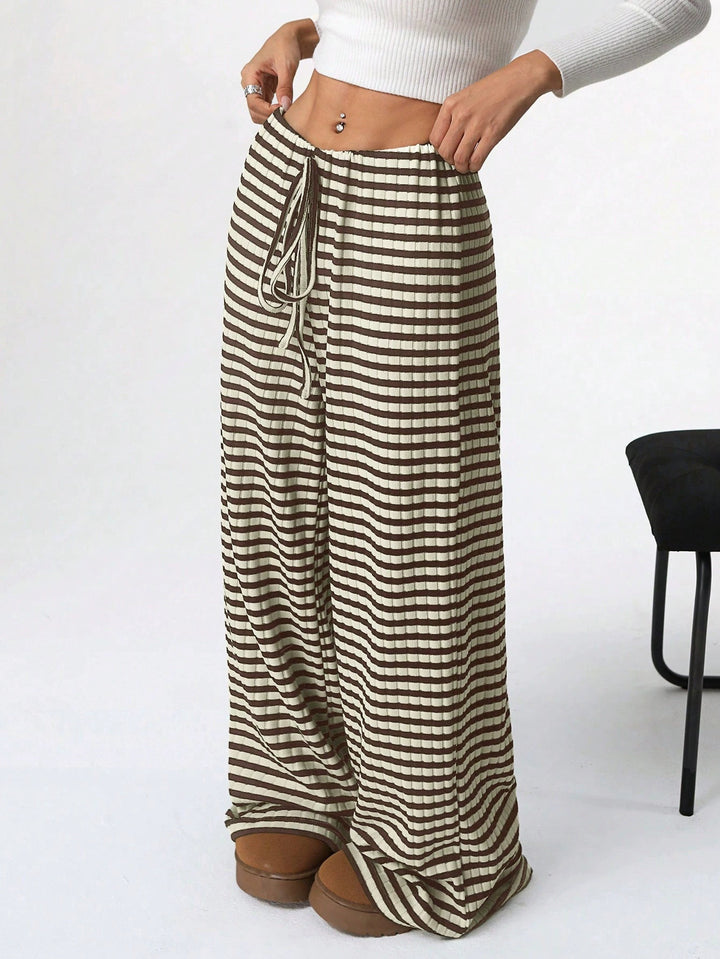 Wide striped palazzo pants in lightweight cotton for women with tie belt Lune London