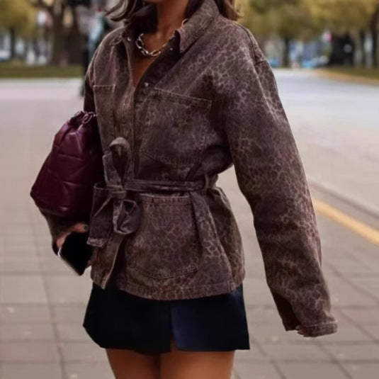 Women's denim jacket with flexible belted waist and animal print Lune London