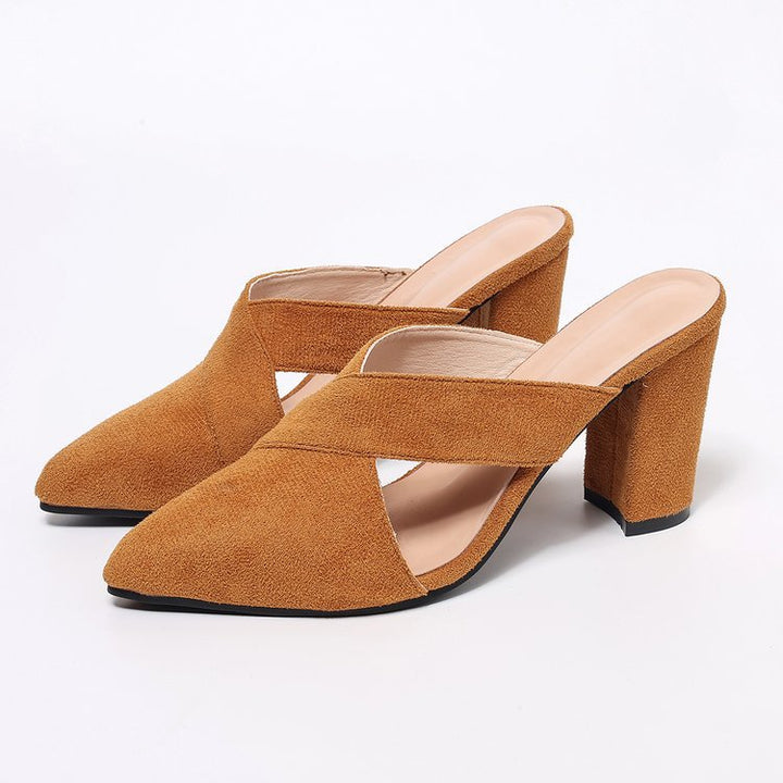 Women’s mules with elegant crossover strap and comfortable block heel Lune London