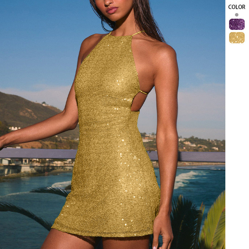 Shimmering mini dress for women with high neck and off-shoulder details Chic & Stil