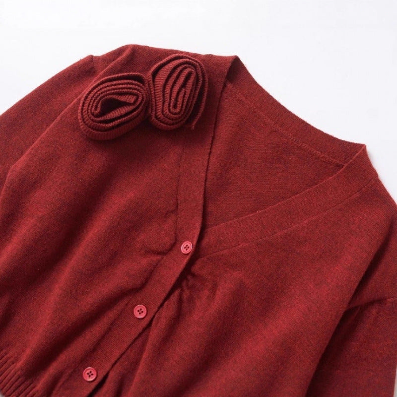Fashion knitted jacket for women with snap button closure and decorative ruffle detail Lune London