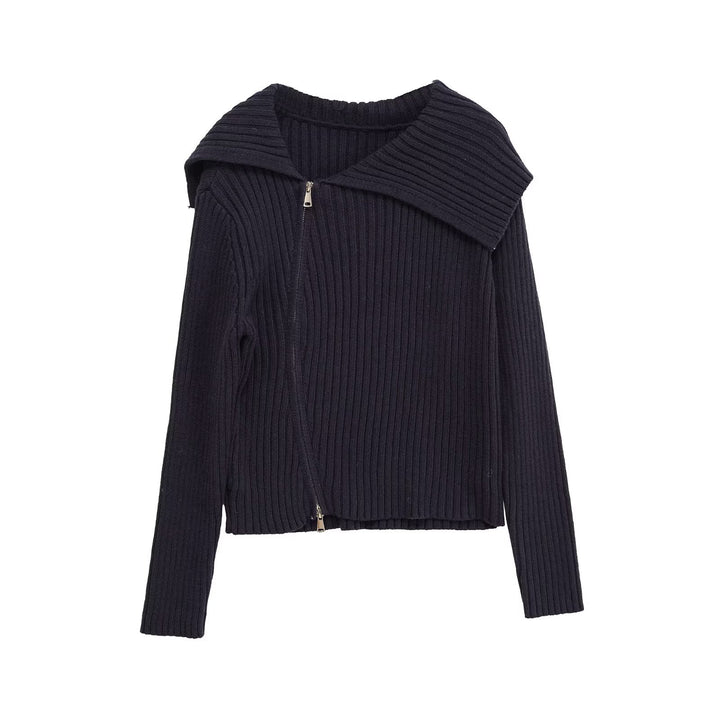 Ribbed knit jacket for women with large collar and asymmetric zipper Lune London