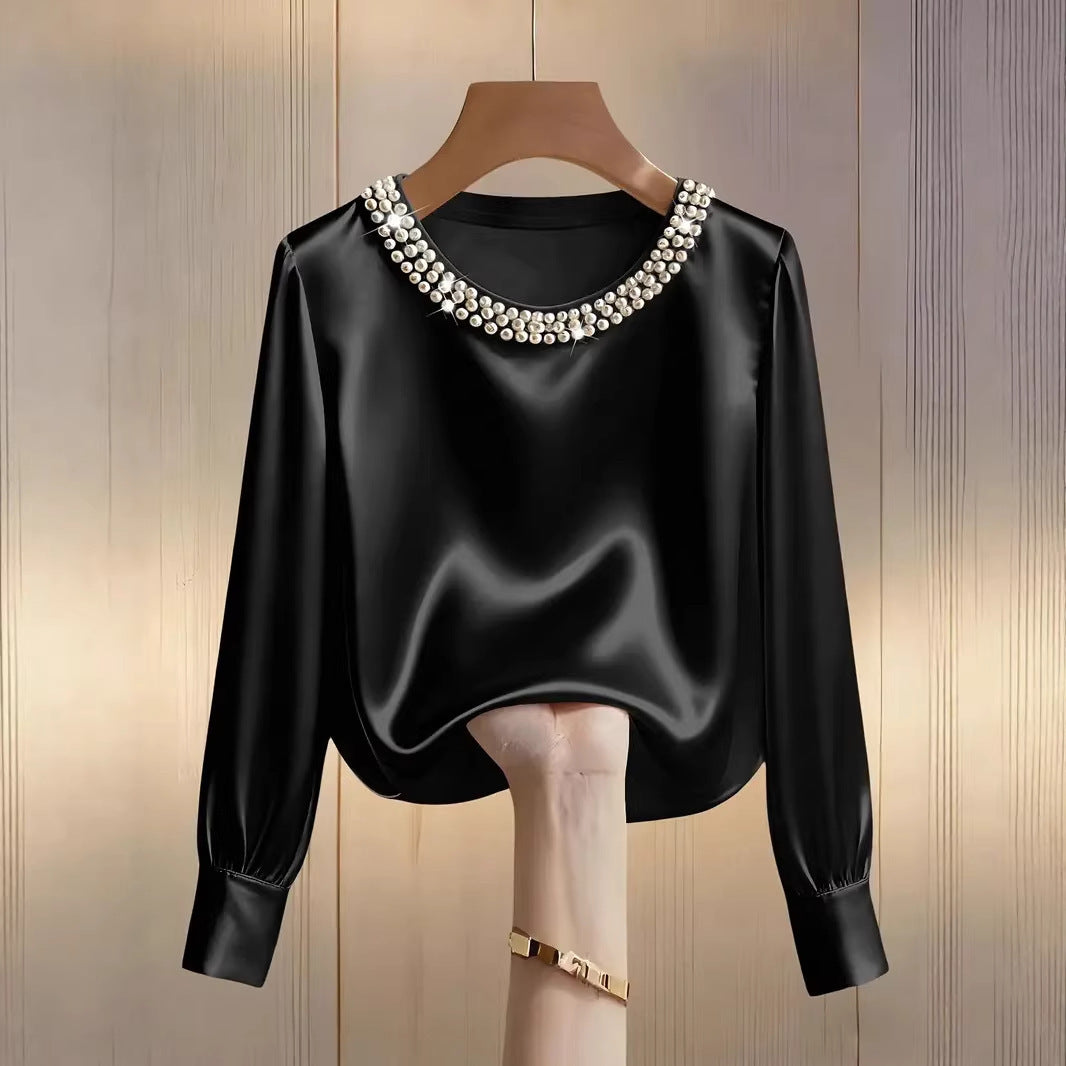 Ladies elegant satin blouse with pearl collar Lune London
