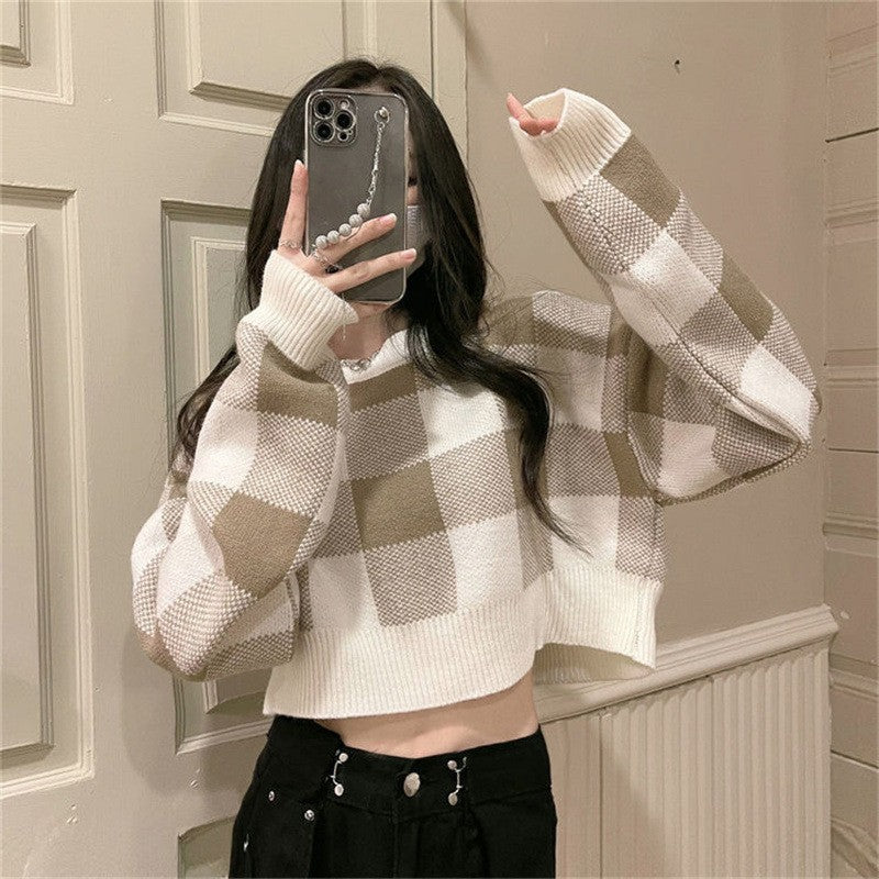 Lune London checkered pattern cropped sweater for ladies