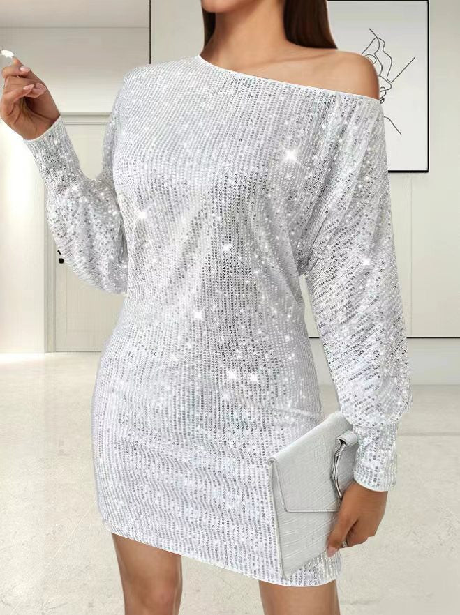 Glamorous mini dress for women with asymmetric sleeve design and sparkling effects Lune London