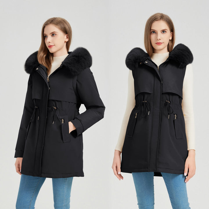 Women's Functional Parka with Removable Faux Fur Collar and Waist Drawstring Lune London