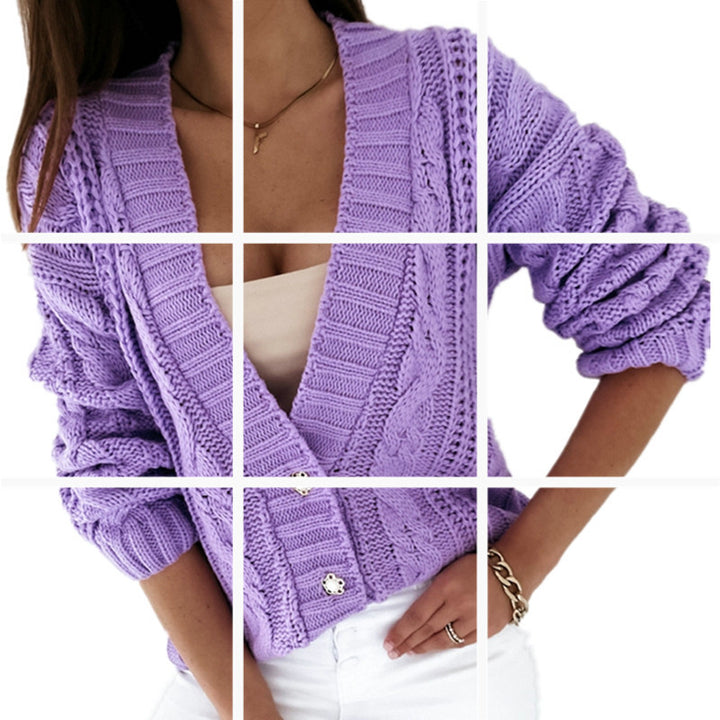 Women's knitted jacket with decorative cable design and unique button details Lune London