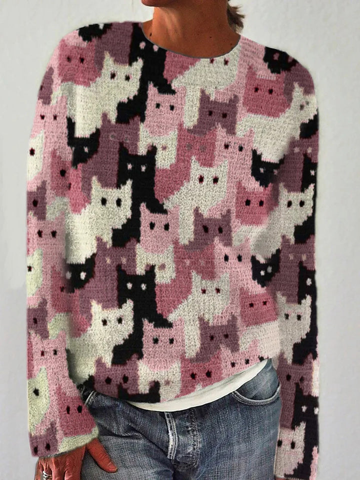 Pull en tricot pour femmes avec un motif de chat ludique Chic & Stil