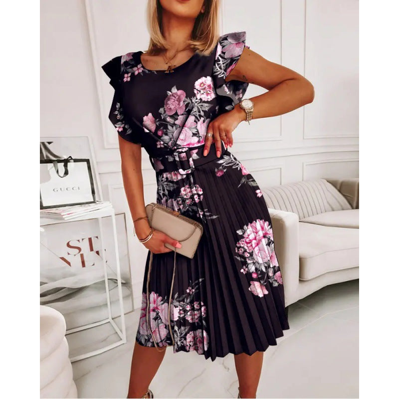 Midi dress for women with pleats and floral accents as well as a fitted belt Lune London