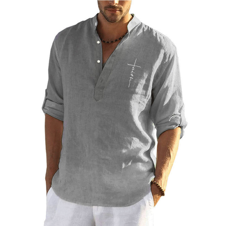 Casual linen shirt for men with a short stand collar and decorative button closure Lune London