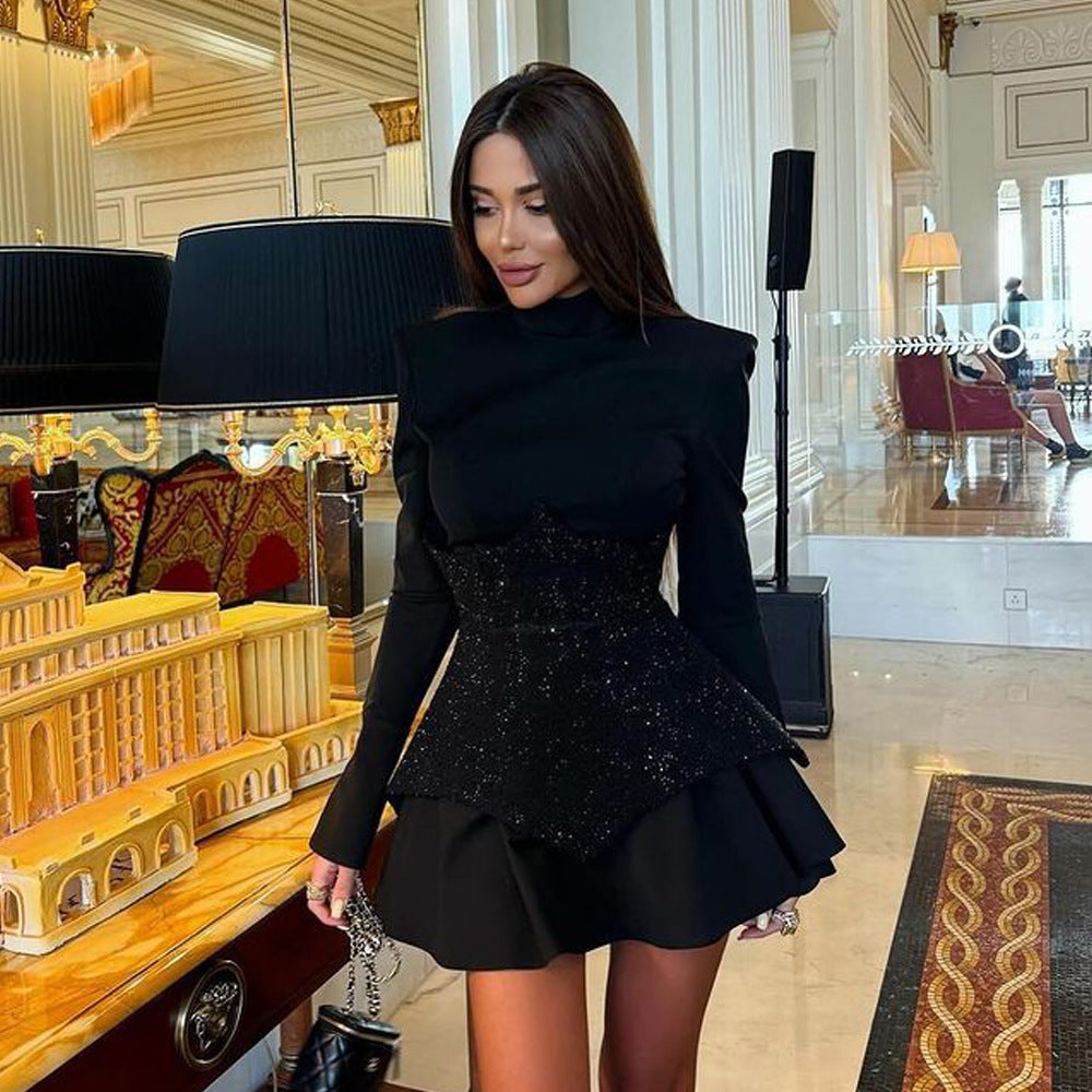 Women’s mini dress with contrasting top and chic ruffled elegant design