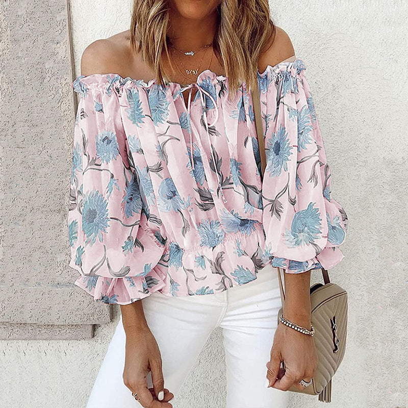 Off-shoulder blouse for women with floral patterns and ruffle details Lune London