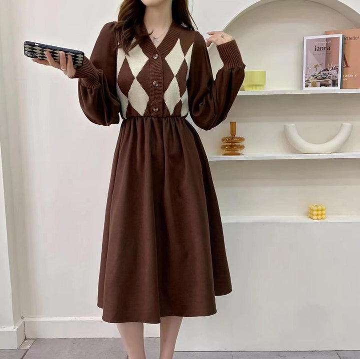 Robe tricotée pour femmes avec motif en diamant et détails de boutons Chic & Stil