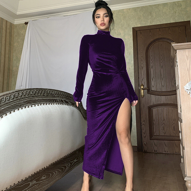 Women Elegant Velvet Maxi Dress with High Split and Standing Collar Lune London
