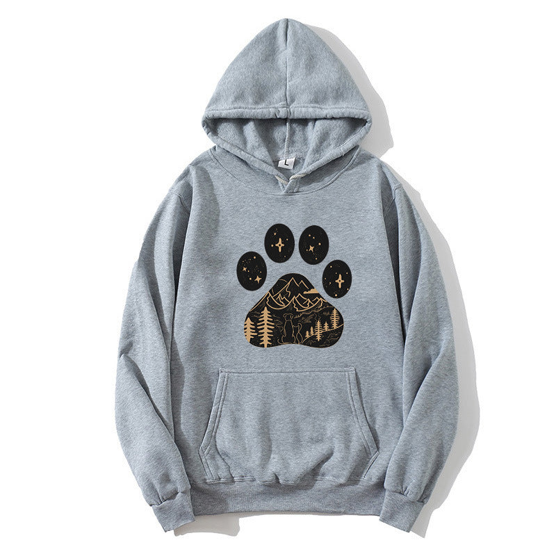 Women's hoodie with creative paw print design and mountain landscape Chic & Stil