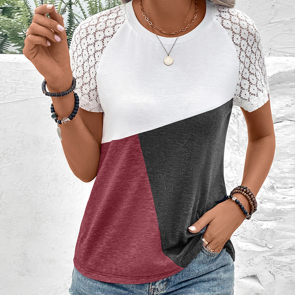 Trendy women's T-shirt with lace sleeves and chic color block design