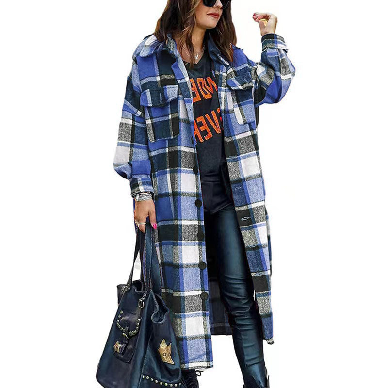 Ladies Long Sleeve Wool Coat with Plaid Pattern and Practical Pockets Lune London