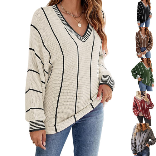 Casual knitted sweater for women with V-neck and wide stripes Lune London