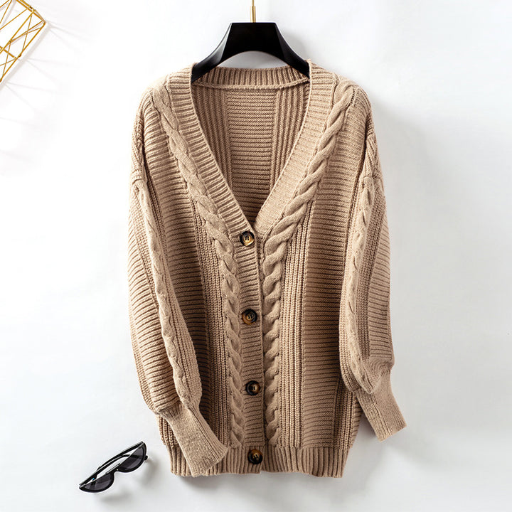 Knitted women's jacket with cable design and gold button details Lune London