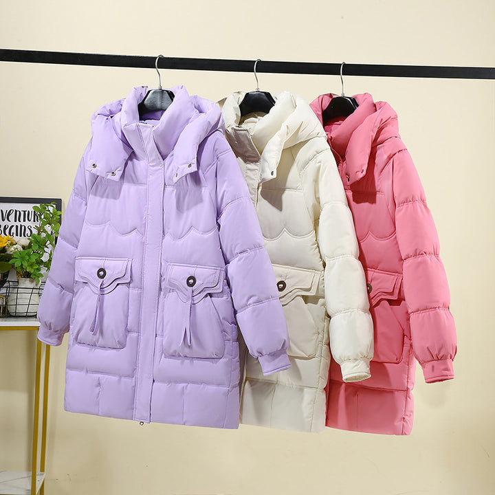 Ladies Long Puffer Jacket with practical hood collar and large pockets Lune London