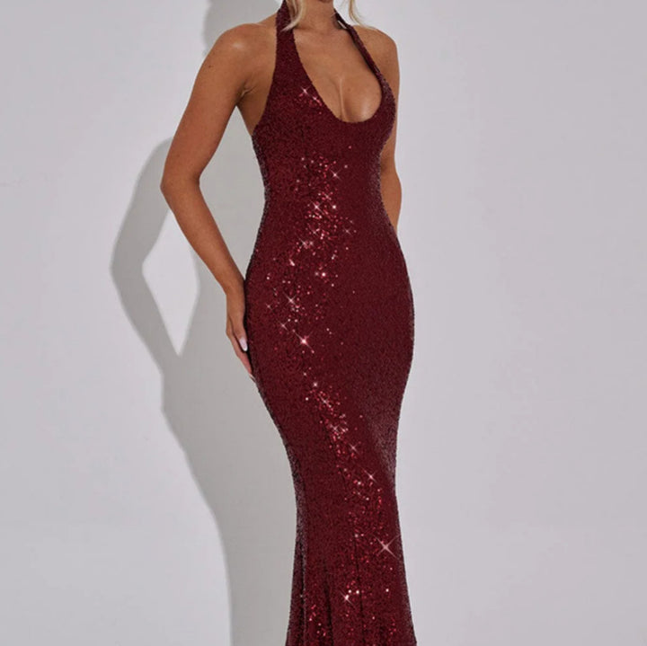 Women's Glamorous Sequin Maxi Dress with Deep V-Neck and Slim Fit