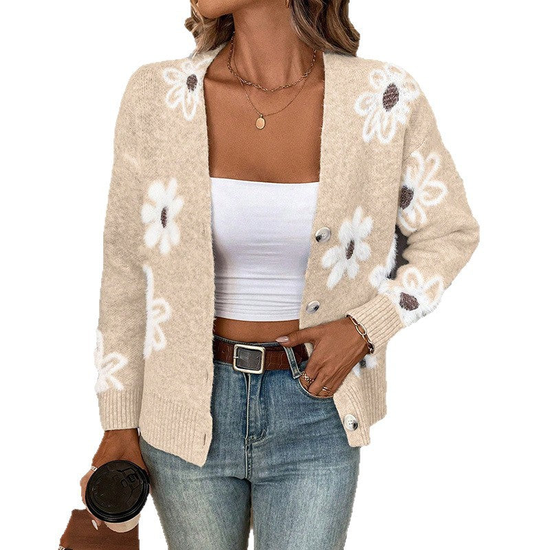 Women's knitted jacket with floral design and button details Lune London