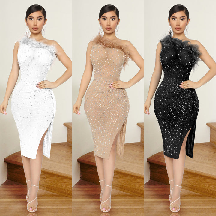 Lune London midi one-shoulder sequin dresses for women with feather details