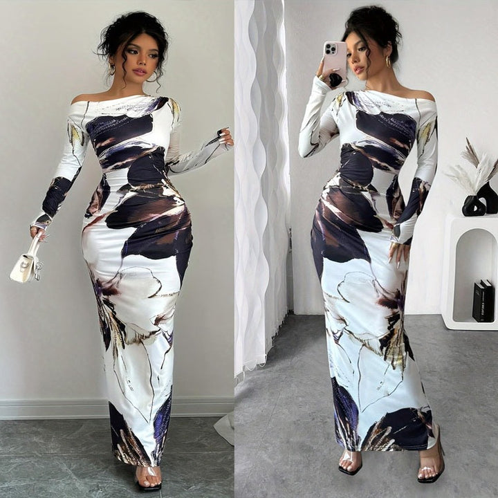 Elegant maxi dress for women with original artistic print and off-shoulder design Lune London