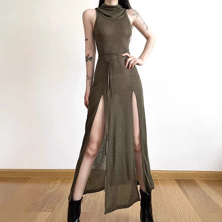 Ladies Elegant Maxi Dress with High Split and Chic Hood