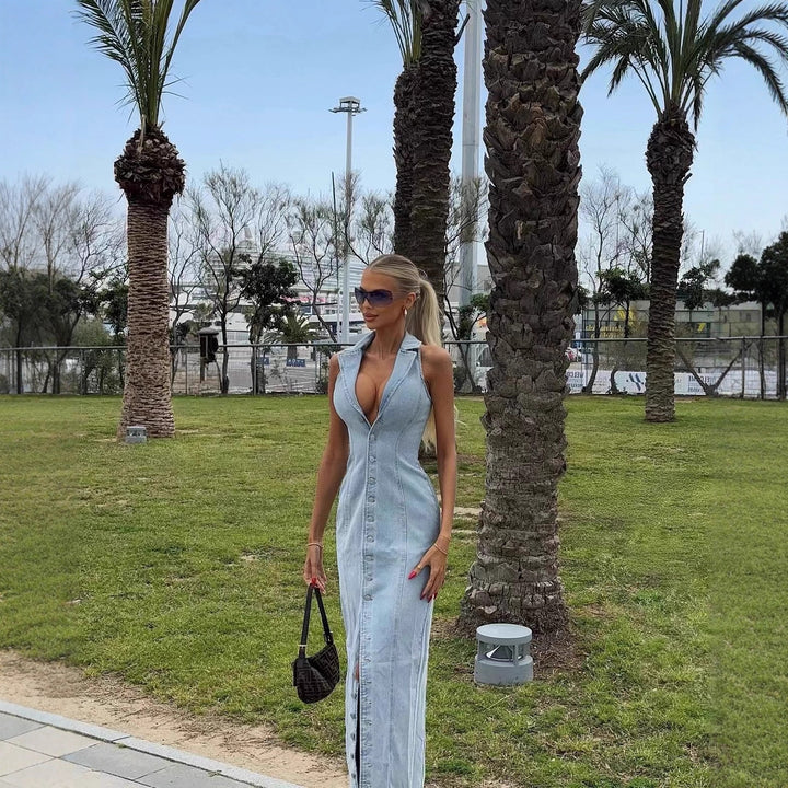 Maxi denim dress for women with button placket and high collar Lune London