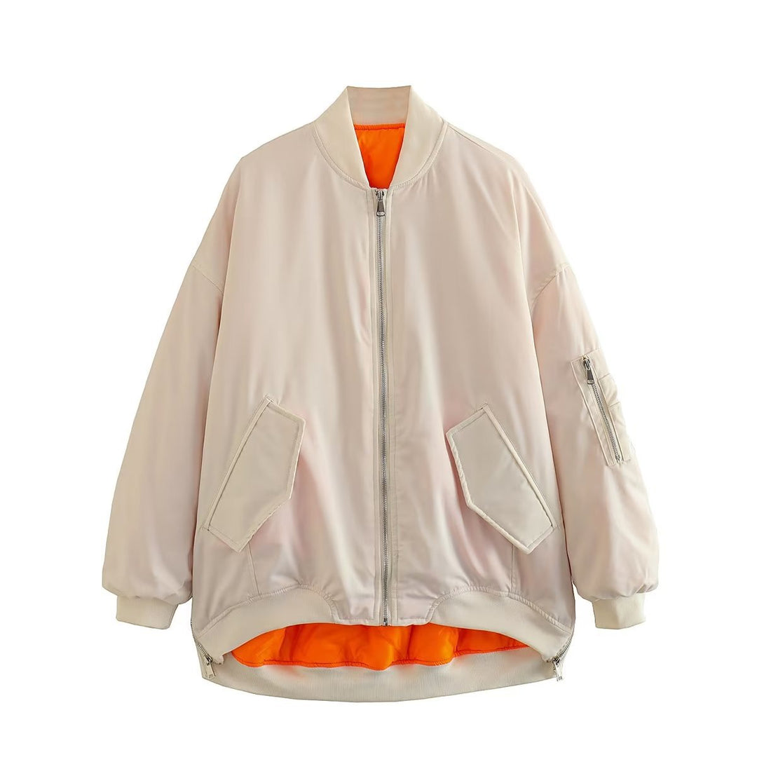 Fashionable oversized bomber jacket for women with functional pockets and sporty design Lune London