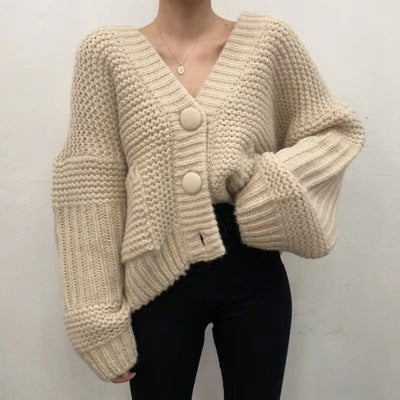 Knit jacket for women with deep V-neckline and large button details Lune London