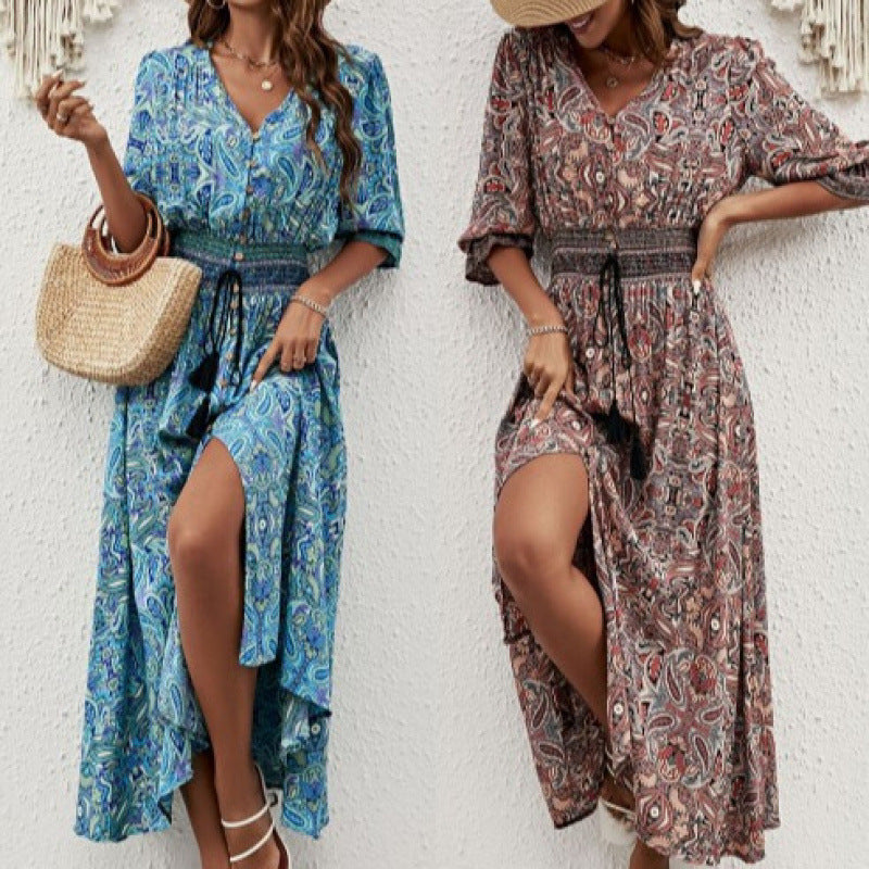 Ladies Elegant Button-Up Maxi Dress with Side Slit and Chic Corded Waist