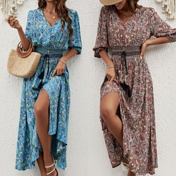 Ladies Elegant Button-Up Maxi Dress with Side Slit and Chic Corded Waist
