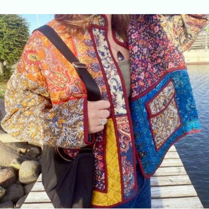 Quilted jacket for women with a colorful patchwork design and practical pockets Lune London