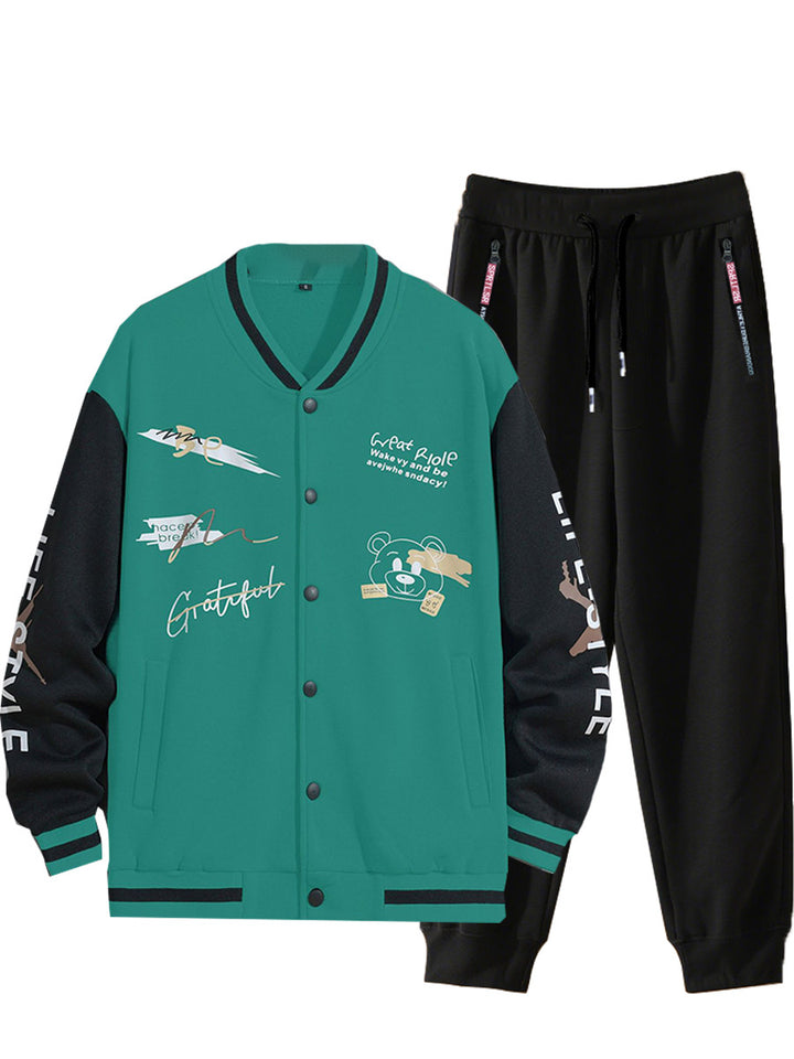 Men's College Style Sports Jacket Set and Jogging Pants with Colorful Patterns Lune London