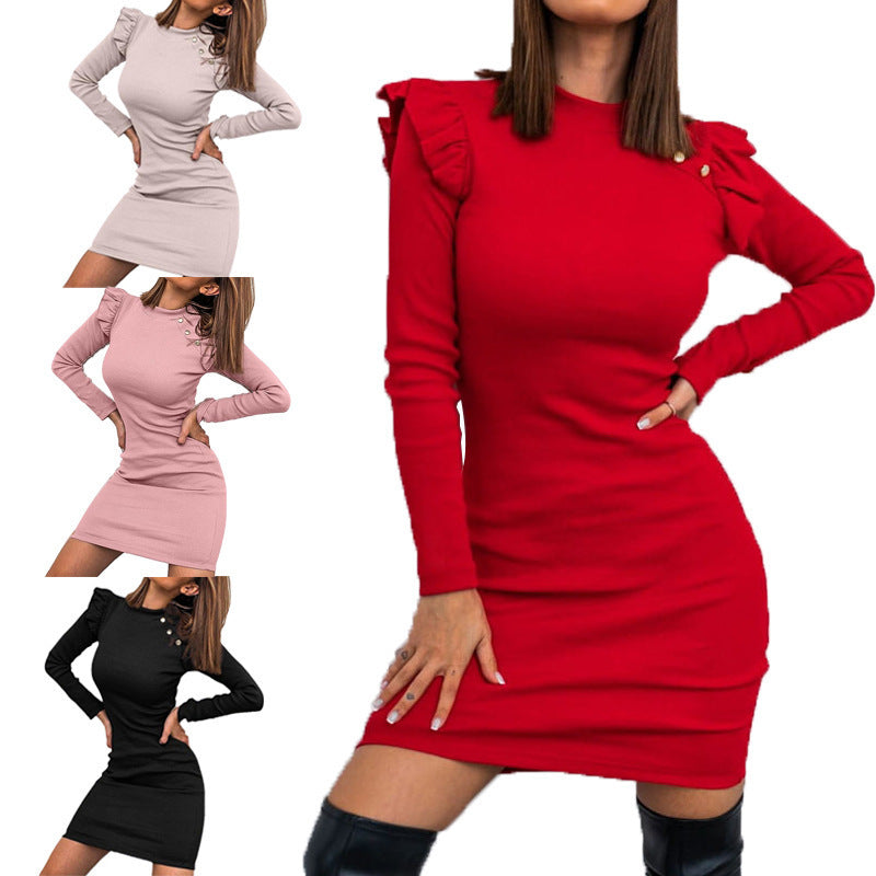 Fitted dress for women with ruffle details and button accents Lune London