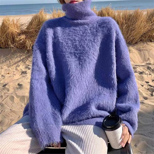 Ladies Soft Sweater with Oversized Cut and Chic High Collar