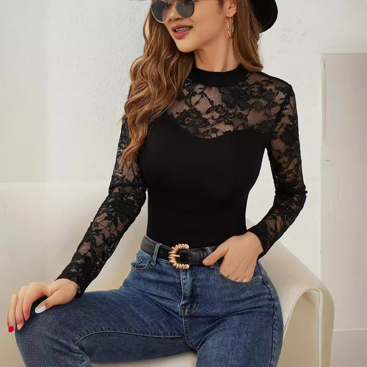 Women Elegant Long Sleeve Top with Romantic Lace Lune London