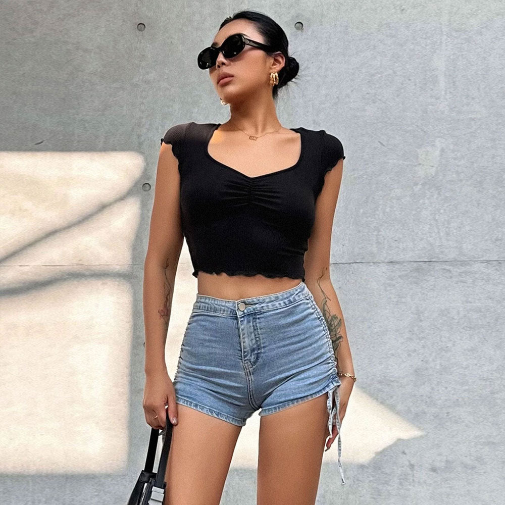 Top court pour femme avec un ruché élastique et un col en V tendance Chic & Stil