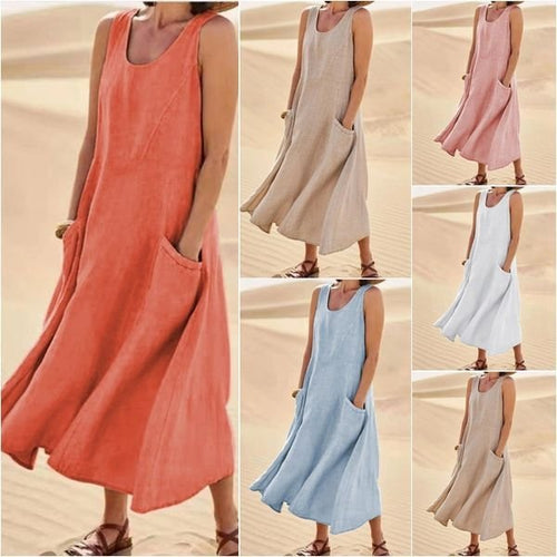 Loose summer dress for women with practical pockets and chic V-neck Style