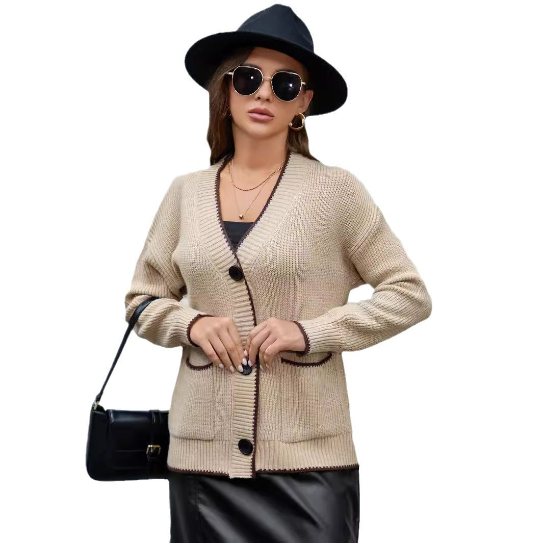 Ladies thick knit cardigan with deep V-neck and practical pockets Lune London