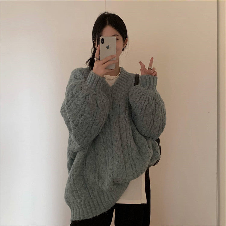 Pull en tricot épais pour femme avec des manches volumineuses et un col en V Chic & Stil