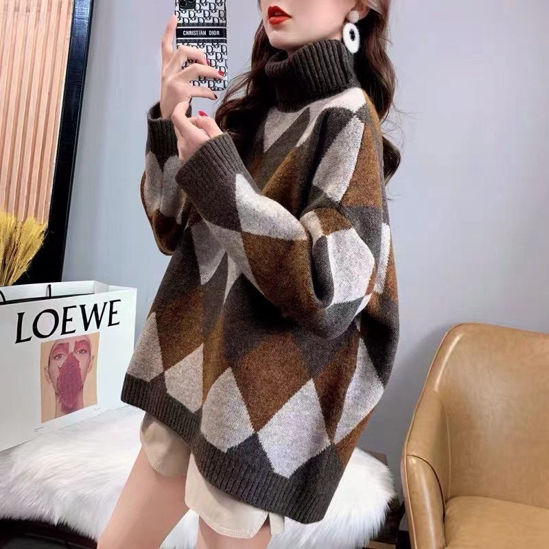 Pull en tricot épais pour femmes avec motif en diamant moderne et col haut Chic & Stil