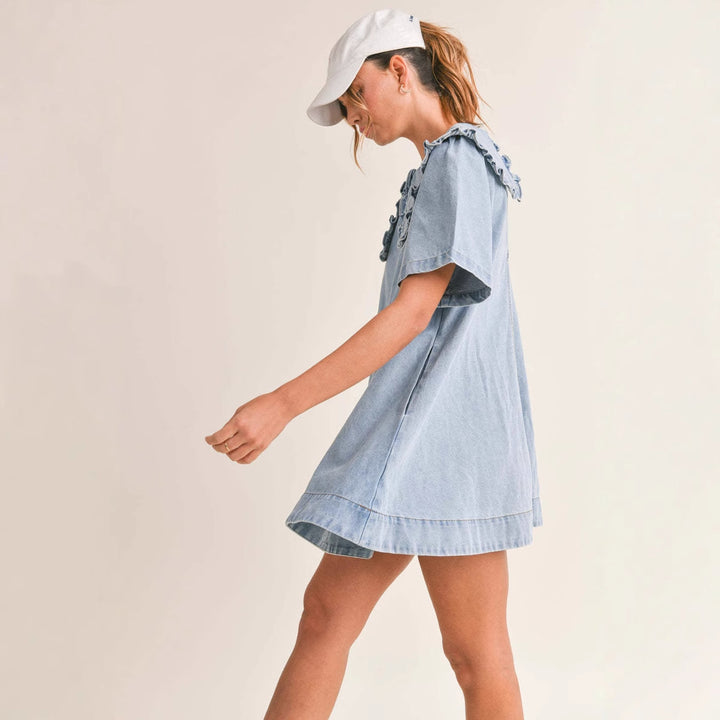 denim dress for women with voluminous collar and ruffle details Chic & Stil